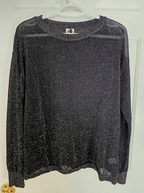 Black And Gold Metallic Anne Klein Sheer Knit Top - Crewneck, Size L